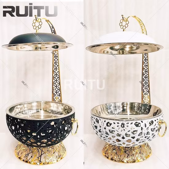 大容量ラウンドゴールドフラワーデコレーションダイヤモンドクリスタルハンギングアルコールチェーフィングディッシュビュッフェセットフックゴールドビュッフェストーブガラス蓋付き食品を温かく保ちます